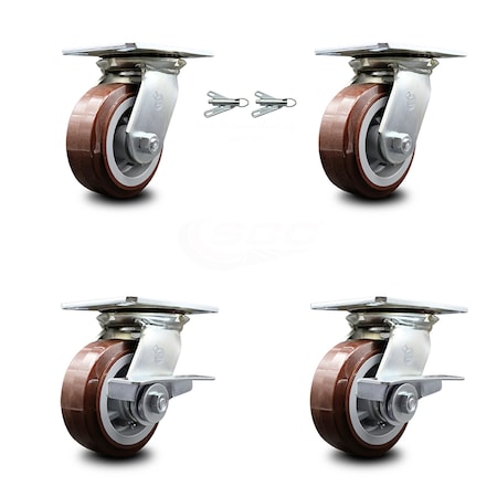 Service Caster 5 Inch Polyurethane Swivel Caster Swivel Locks 2 Brakes, 2PK SCC-35S520-PPUR-BSL-2-SLB-2
